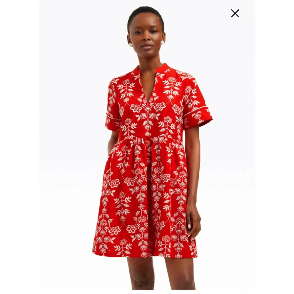Draper James Simone Dress Floral Embroidered Ruffle Mini Cotton Red Size XL - Picture 1 of 11